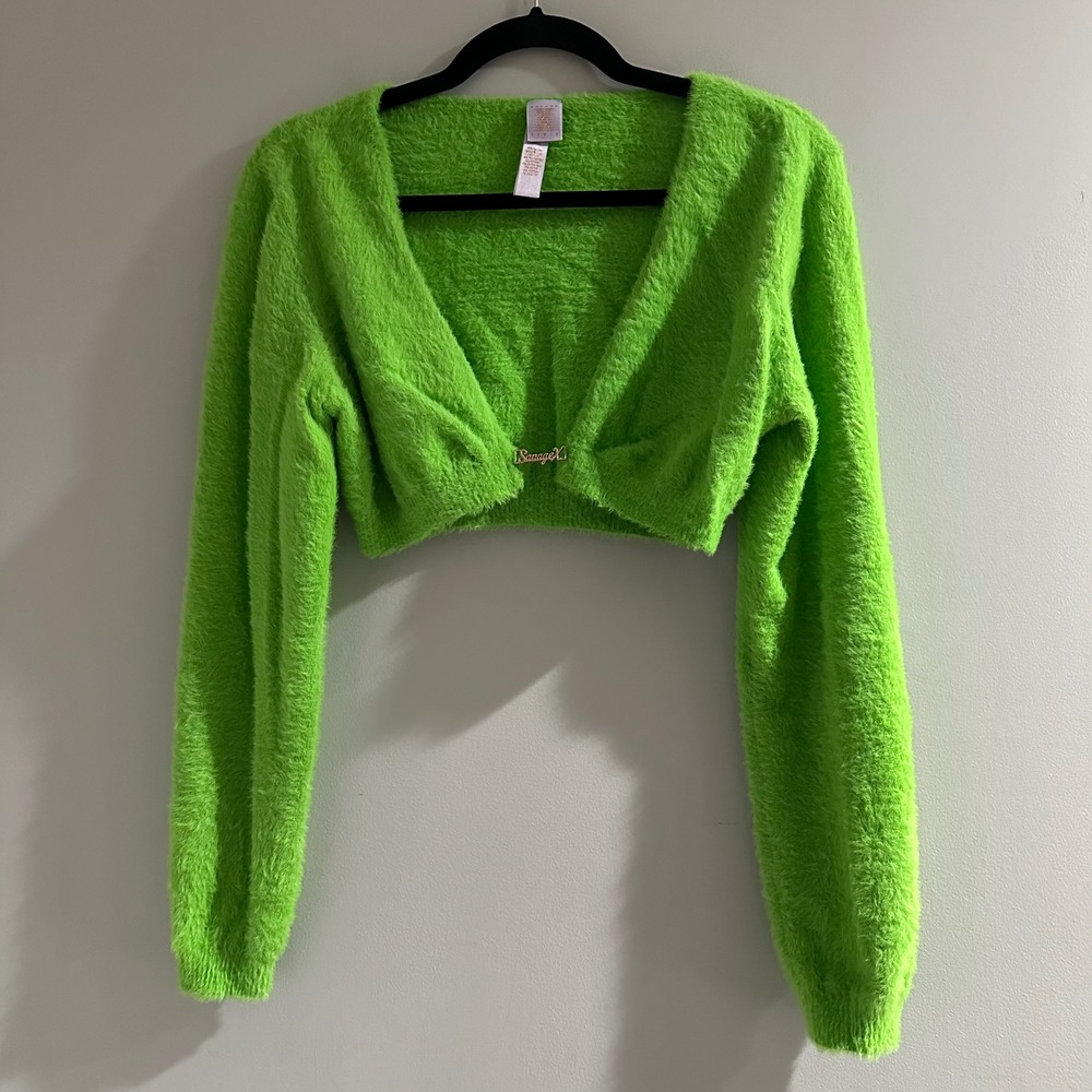 Savage X Fenty Cropped Cardigan Womens Large Neon Green Excellent Fuzzy Fluff It